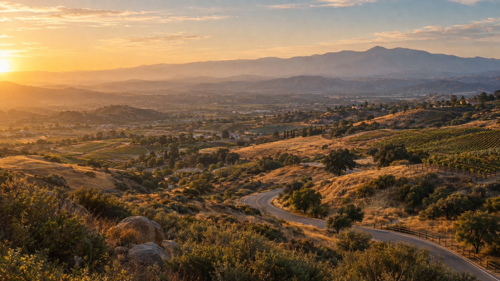 Golden hills of the Temecula Valley near Murrieta, California at sunset